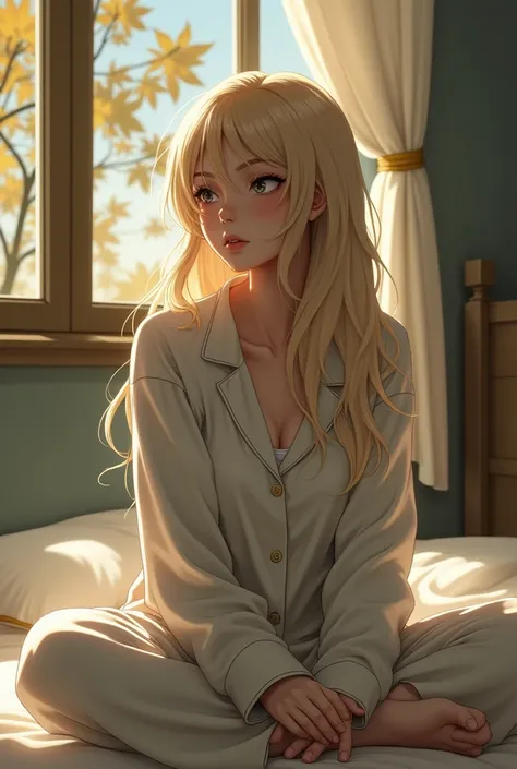 Use added image model. The avatar is looking outside a window, where maples trees are visible, bathed in the soft, twilight sunlight. The avatar is dressed in loose, comfortable pajamas, giving a relaxed and cozy appearance.