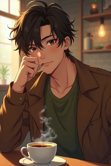 Anime cute guy short brown hair brown eyes light tan skin smoking cigarette coffee on the table wearing an olive green shirt and a cool brown jacket