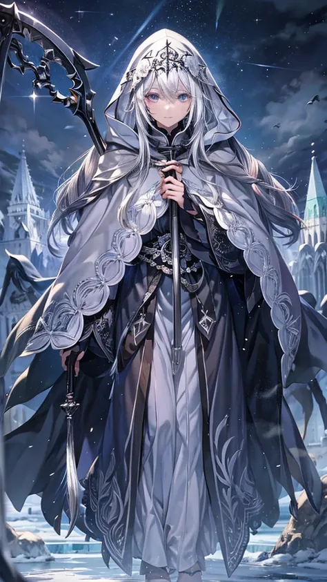 woman、beautiful、silver hair、black hood、embroidered and decorated robes、what size is the person standing there holding a scythe i...