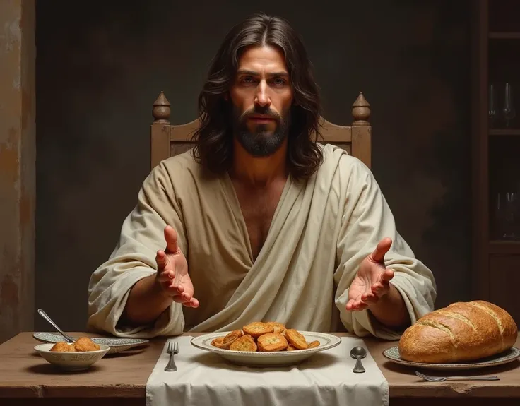 We need an image of Jesus sitting at the dining table with his hands extended and asking for something to eat.