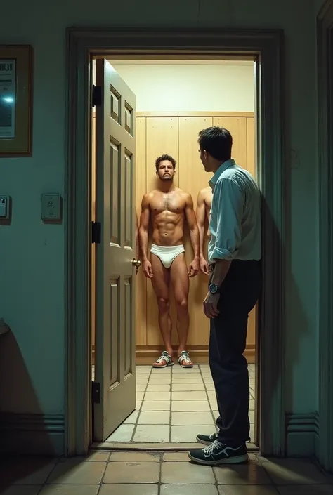 Man reporter in shirt, pants and sneakers outside an old house, looking into a large locker room, leaning against the door, complete internal view of the locker room, peeking through the door at strong, hairy Puerto Rican men standing in their underwear ta...