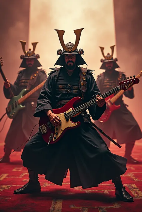 1 samurai is playing electric guitar 2nd samurai is playing  bass guitar, and 3nd one is playing drum