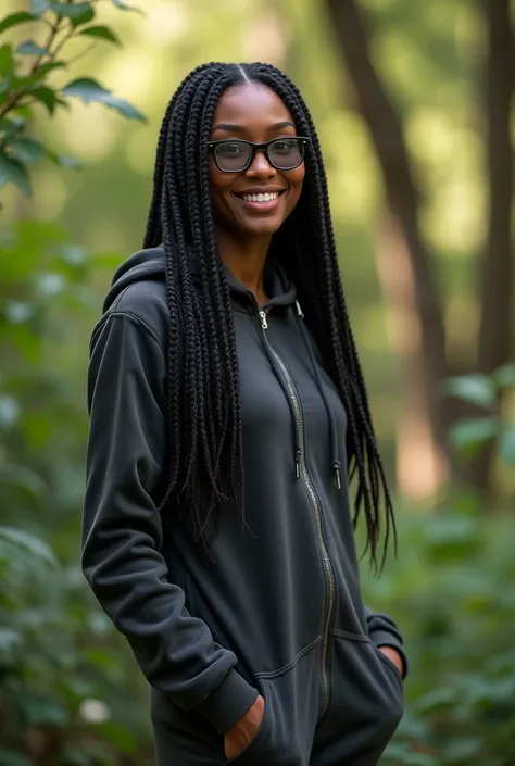 (photorealism:1.2),a black beautiful woman,22 years,sharp boobs,smiling,wearing a fitting hoodie,long braids,black small photo chromatic glasses with grey lenses, standing in nature, realistic details