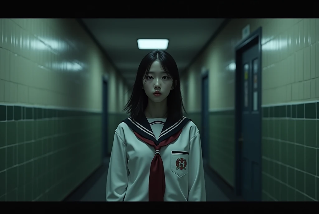 20 year old Korean high school girl,At night,In uniform, Horror atmosphere, There is a tile in the background, Long corridor,
