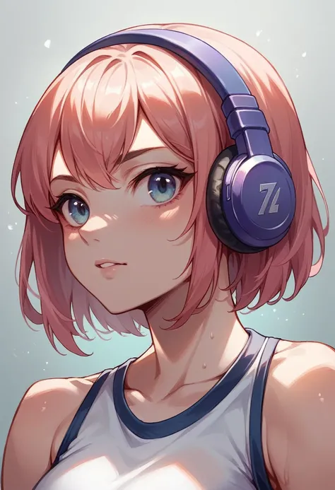 a girl from the front in the foreground. Wear sportswear, High quality portrait, medium shot portrait, Using headphones