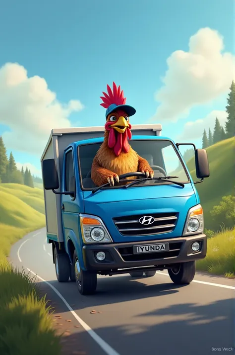 Rooster driving a blue Hyundai Porter truck
