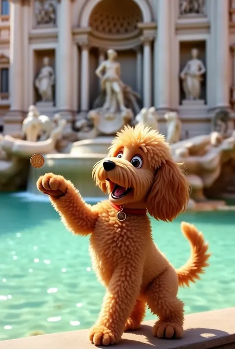 A cockerpoo throwing a coin into the Trevi Fountain