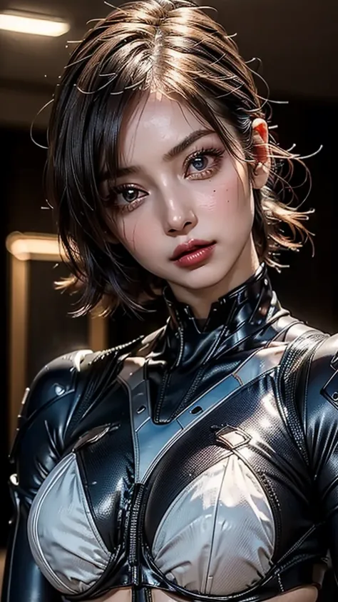 ((Highest quality, 16K, masterpiece: 1.3)), (beauty, big: 1.2, Slim abs: 1.2), (Ultra detailed face, Highly detailed lips, Detailed eyes, double eyelid), ((Wearing a plug suit)), 1 female, Short bob woman, One mole on the right breast