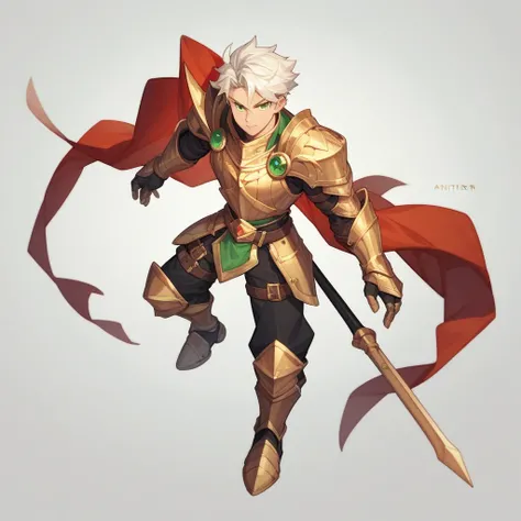 (( Toon Style ))Human Male , wearing armor gold Knight, whiter hair , solo , Green pupils ,Full body ,