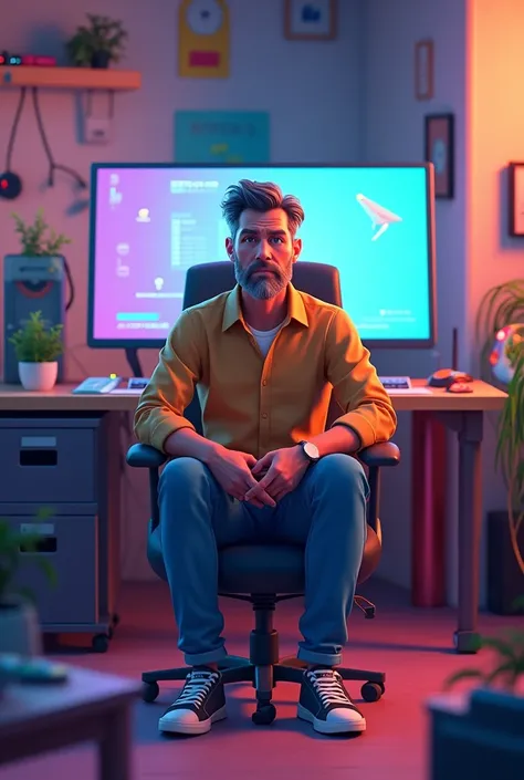 Create cinematic 3d cartoon style images "a man sitting in tention? Colour full,vertule in front of computer with broken pancard"