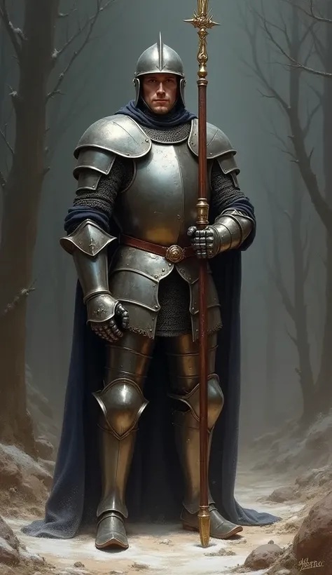 A noble French knight in 1386, called Jean de Carrouges, adorned in gleaming iron medieval armor and wielding a lance, preparing for his last duel with an enemy,  he stands as a beacon of hope and courage, john singer sargent, thick brushtokes, fantasy pai...