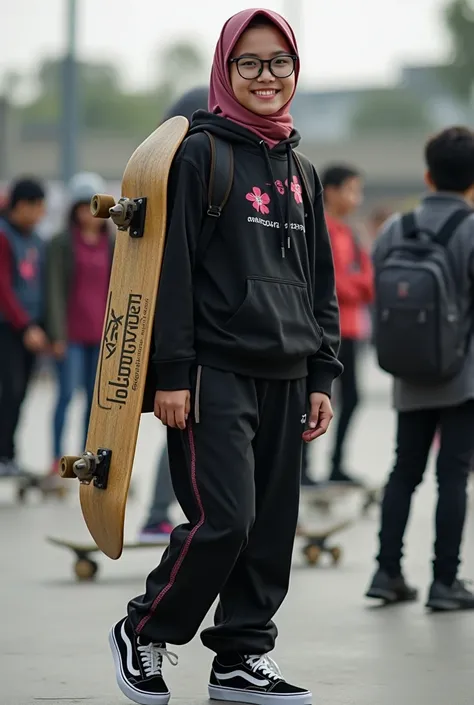 Original photo. smiling face of young Indonesian woman 185cm tall wearing glasses. wearing a sharia hijab. wearing a black hoodie with pink motifs. it says "NELTA CIABENK" jogger pants. Vans sneakers, holding a gold skateboard on the back that says "10K FO...