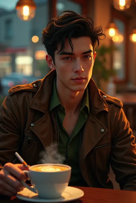 Anime cool guy short brown haircut brown eyes light tan skin smoking cigarette coffee on the table wearing an olive green shirt and a cool brown jacket