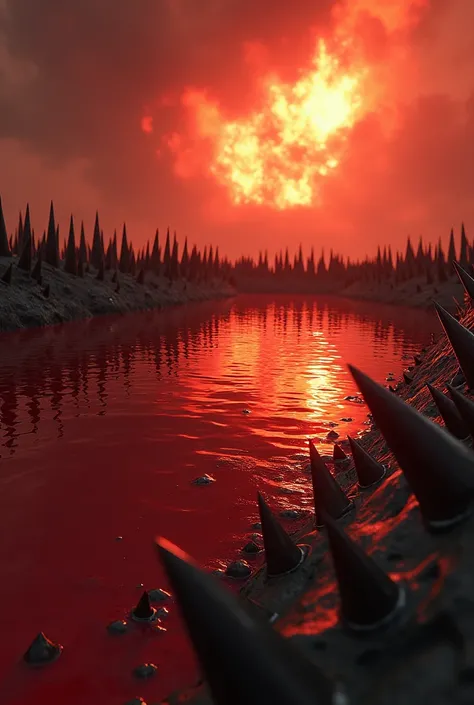 Create an image of a pool filled with blood and the edges with spikes and the sky on fire