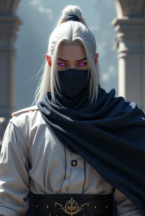 Create a male character with white hair, tied in a bun in the middle of the head, with knightly&#39;white shirt with black mask and purple eyes