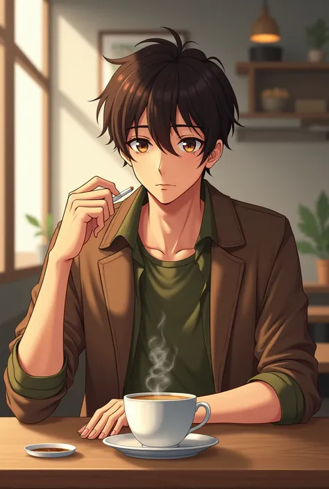 Anime cute guy short brown haircut brown eyes light tan skin smoking cigarette coffee on the table wearing an olive green shirt and a cool brown jacket