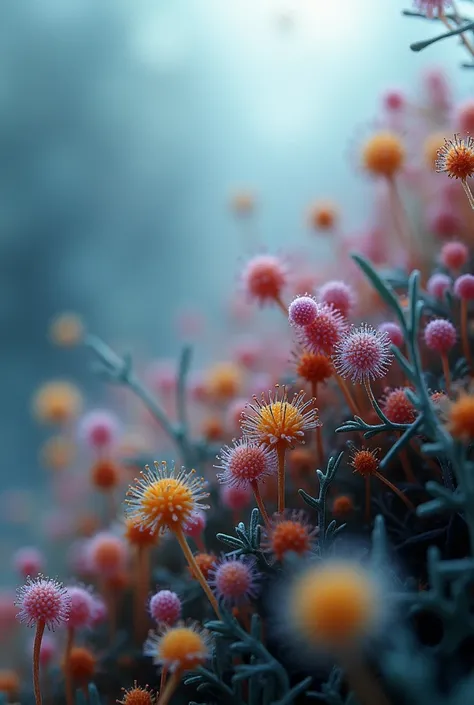 macro shot of colorful microscopic life, fog, humidity in the environment