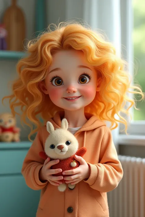 I want a blonde with curly hair holding a toy 