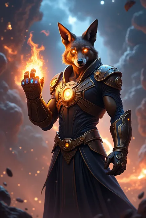 Infinity The jackal with the infinity gauntlet snapping his fingers 
