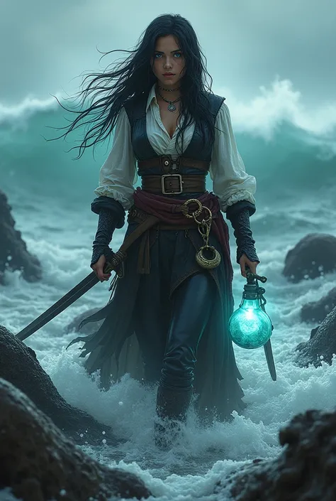 Full body girl with black hair and pirate clothes, that is coming out of the sea and with the water reaching up to his waist, He has a glowing flask in one hand and a sword in the other., surrounded by mermaid corpses