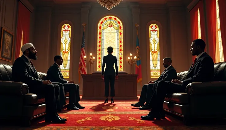 one muslim man, one jamaican man and one african woman sitting in couches appart from each other and staring at an standing executive black woman, in a big office in the style of the godfather movies, stained glass windows at sides
