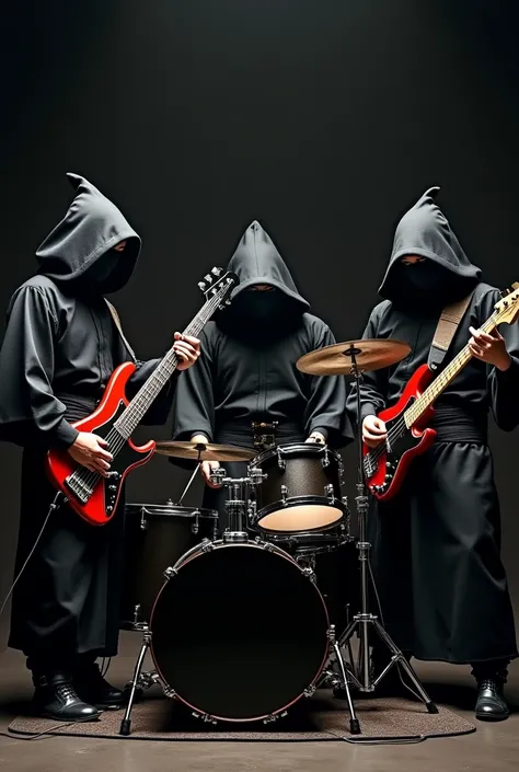 There are have 3 samurai they are wearing black cloth and black mask one off them is playing bass guitar, one off them is playing drum and another one is playing electric guitar 