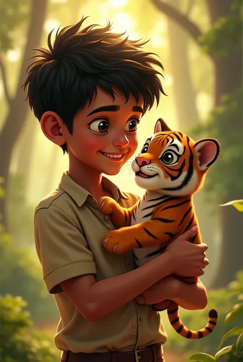 A littel boy Raju gently scooping up baby tiger Raja in his arms, cradling him like a baby, with a warm smile on his face.
