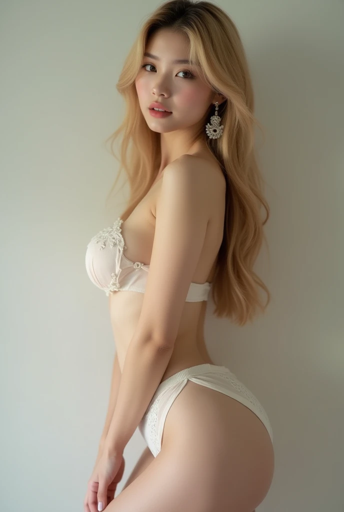 Young and attractive sexy Korean woman, 1, beautiful baby face, (Strip), big bust, bright blonde hair, Long hair, earring, (showing breasts), (from head to skirt), 8k, RAW Photos, Best Quality, masterpiece, Best Quality