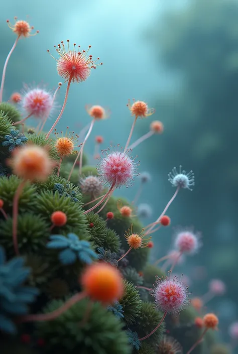 macro shot of colorful microscopic life, fog, humidity in the environment