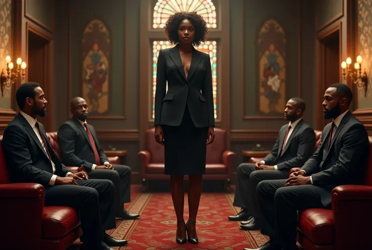 one muslim man, one jamaican man and one african woman sitting in couches appart from each other and staring at an standing executive black woman looking to the camera, in a big office in the style of the godfather movies, stained glass windows at sides
