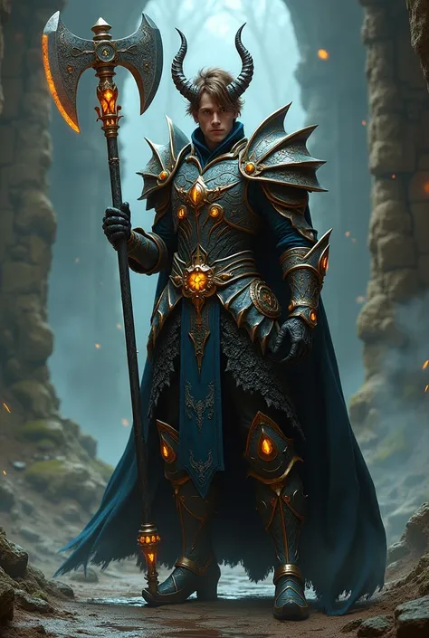 Cleric Man with medium brown hair wearing sexy dragon armor, with horns, a great axe and high heels