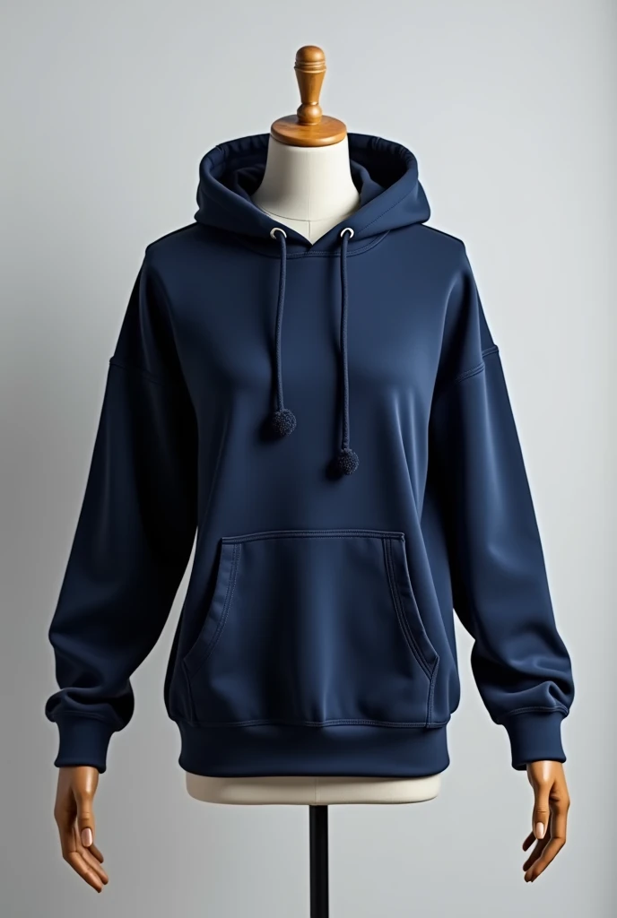 T-shirt with kangaroo pocket, on mannequin, Navy blue, hood, long sleeves, open hands