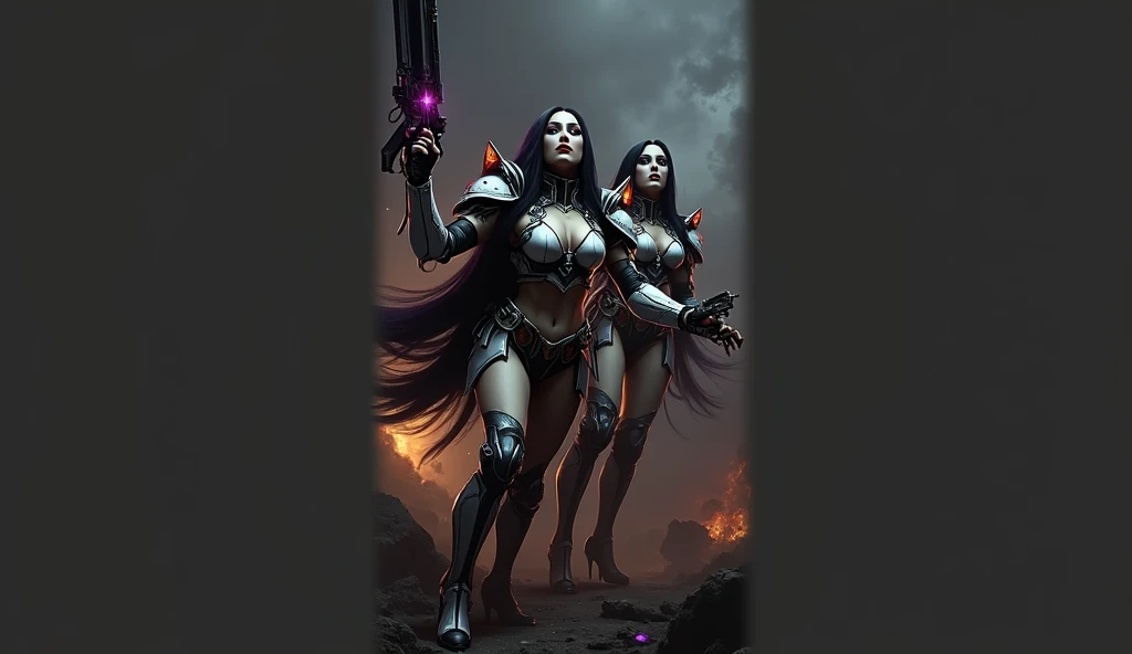 Masterpiece, Best Quality, Official Art, (Highly Detailed CG Unity 8k wallpaper), Detailed background, (Hands by Guido Daniele: 1.1). Full body pose sexy sisters of battle from the warhammer 40k, shooting at the enemy, white armor with intricate details, r...