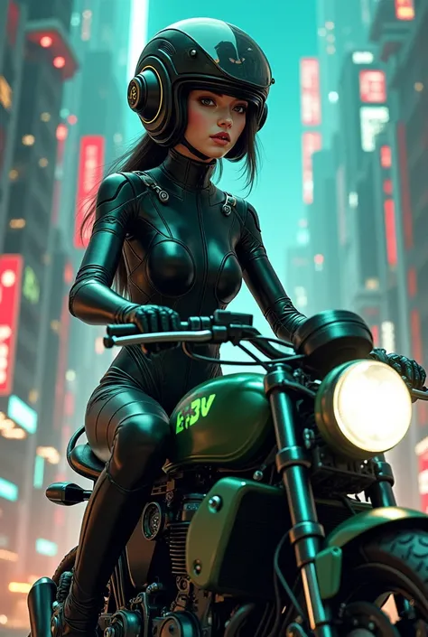 Maximum image quality, outstanding details, ultra high resolution, (Realism: 1.4), the best illustration, favor details, 1 very condensed girl, with a delicate and beautiful face, dressed in a black and green wick, wearing a mecha helmet, holding a directi...