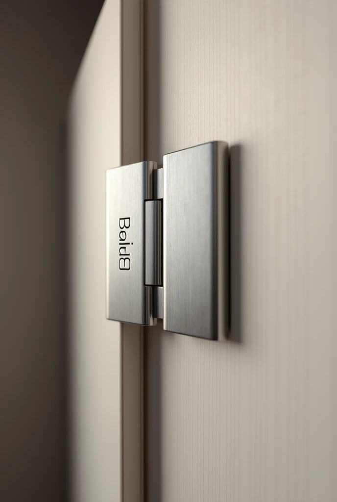 A detail image of a 35mm stainless steel caneco hinge with straight linear clip damper fitted into a custom furniture door with the name Brisa on the hinge., the lettering of the name Breeze has to be modern and minimalist 