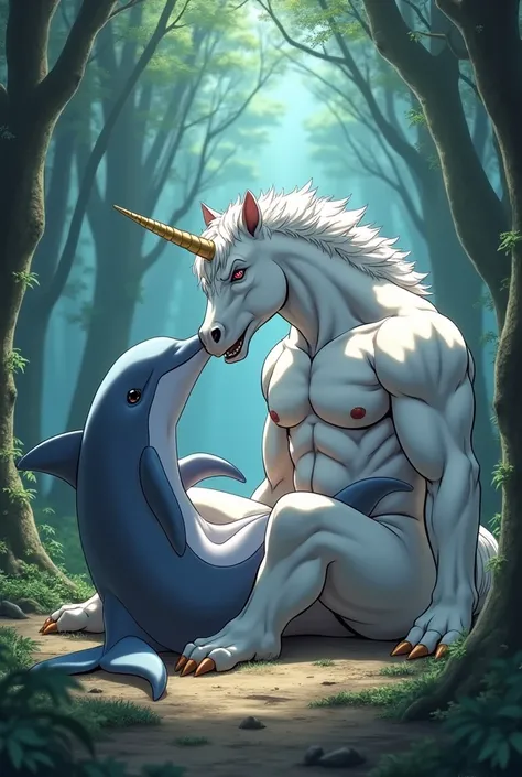 (white unicorn) animal, muscular,((forest)),intimidating look,shiny hair,pecho big,sitting with legs open on the floor, Anthropomorphic,furry, intimando con un dolphin adulto,(dolphin) animal, muscular,submissive look, shiny skin, pechos bigs, big,sitting ...