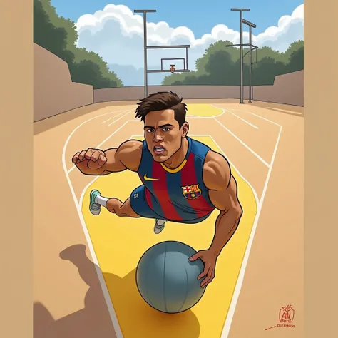 A Barcelona team fitball player, 2D Cartoon Drawing.