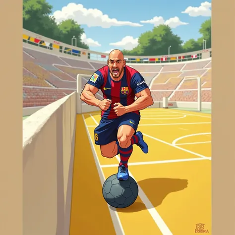 A Barcelona team fitball player, 2D Cartoon Drawing.