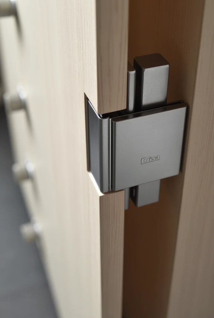 A detail image of a 35mm stainless steel caneco hinge with straight linear clip damper fitted into a custom furniture door with the name Brisa on the hinge., the lettering of the name Breeze has to be modern and minimalist 