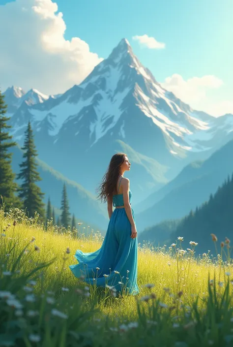 A woman 2 seeing the mountains from the grassland wearing blue colour plazo
