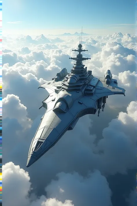 A warship flying in the clouds