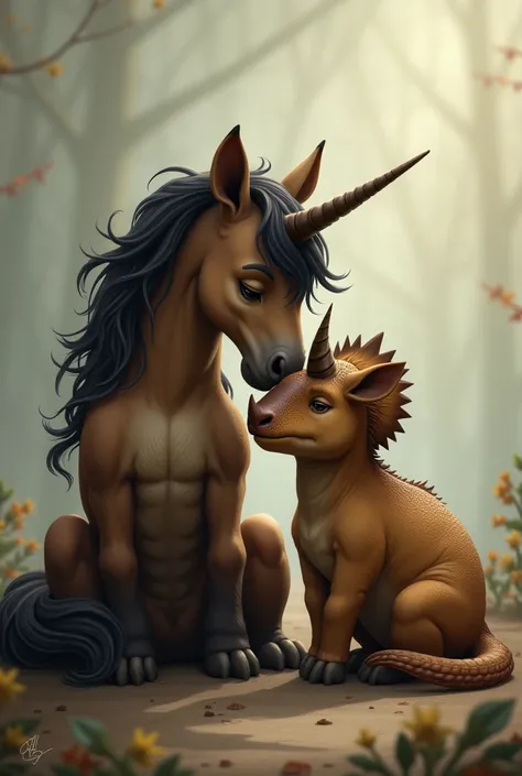 a brown unicorn with black hair and a light brown triceratops (the three-horned dinosaur) sitting next to each other sad 