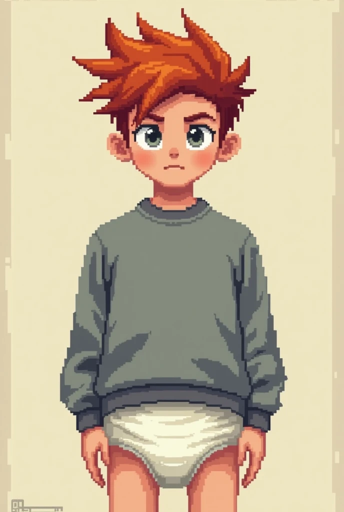  a guy with red sloppy short hair, gray eyes, gray sweatshirt and diaper, Pixel style