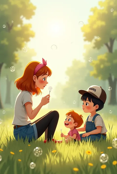  Steamless watercolor Mom with orange medium length hair and freckles sitting on a meadow and blowing soap bubbles.The mom wears black tights and blue denim shorts.She has a pink headband in her hair.There is one of them who smiles at her mom and is happy ...