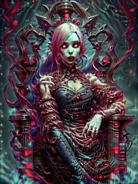 Beautiful woman sitting in a chair, goth chick, Bright neon green eyes, pink hair, michael hussar, slime punk, hyperrealism,  ornamental gothic - cyberpunk, stefan gesell, deiv calviz, cybergoth, cyberpunk horror style, nagash editorial, intricate cyberpun...