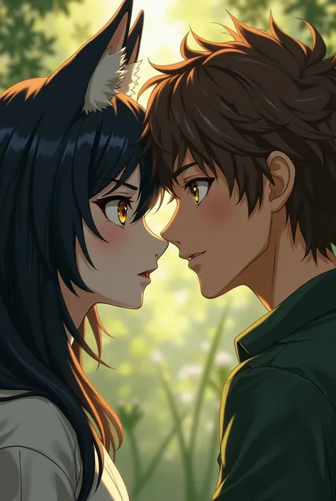 ookami mio, a fair-skinned wolf with black hair and pale skin and golden eyes, is surprised to feel the kiss of the light brown skinned man, golden eyes and brown hair 