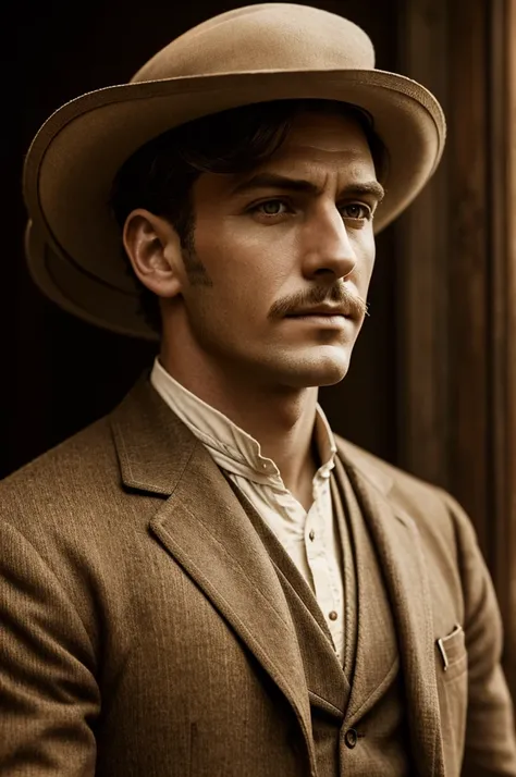 a man wearing edwardian clothes, photorealistic, natural lighting, detailed texture, sharp focus, portrait, professional photography, elegant, sophisticated, atmospheric, moody, sepia toned