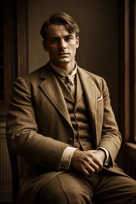 a man wearing edwardian clothes, photorealistic, natural lighting, detailed texture, sharp focus, portrait, professional photography, elegant, sophisticated, atmospheric, moody, sepia toned