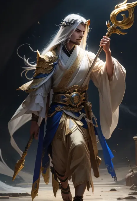 the god of thunder appeared with a clap of thunder、ram、gold sheer dress、holding a walking stick in his hand