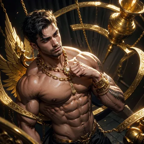 A muscular handsome young man is imprisoned in a darkest place, extremely muscular body, perfect body, large chest, largest pectorals, big nipples, well-defined abs, shiny smooth skin, Sexy gaze, (looking at the viewers romantically), sexy posture, above h...